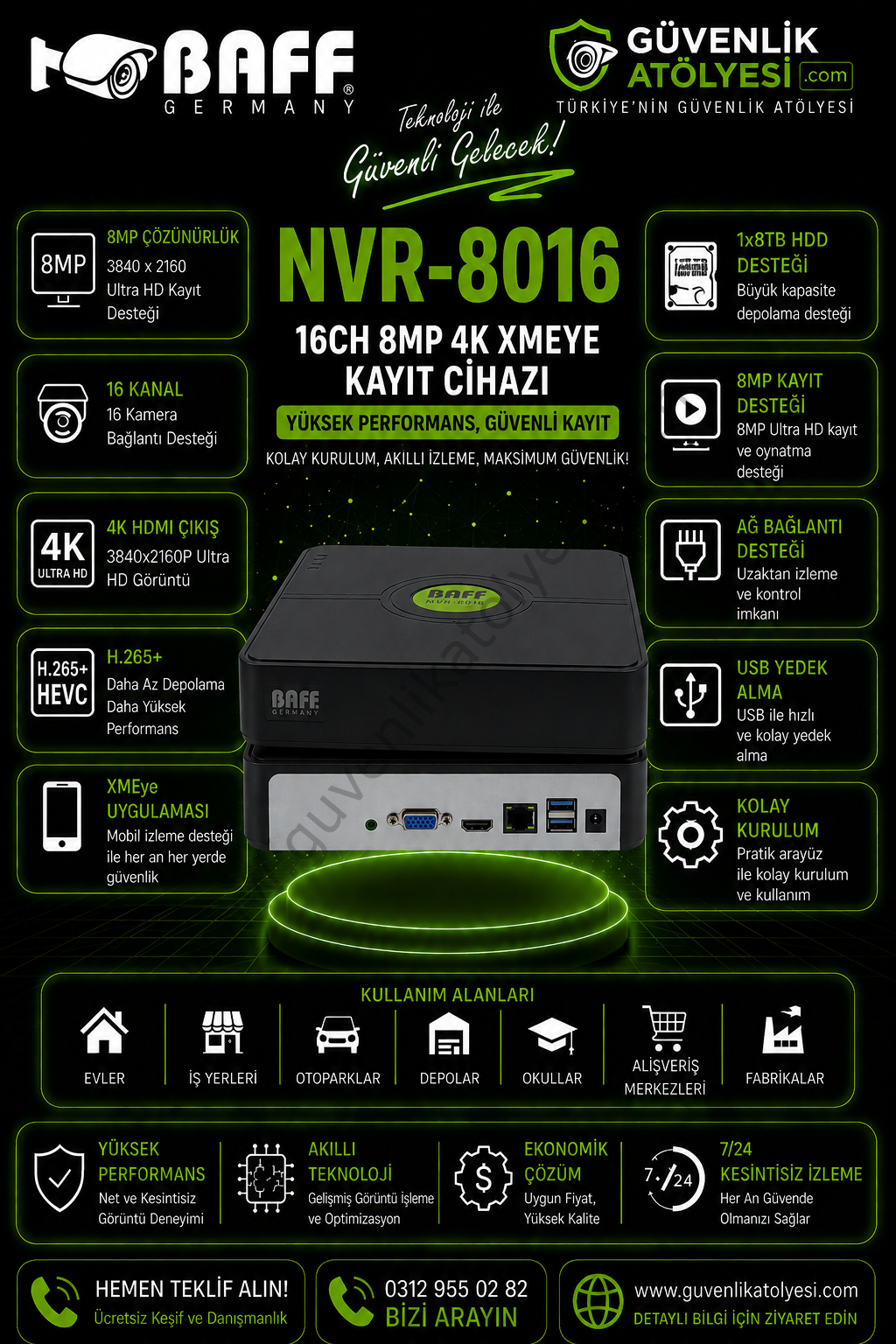 BAFF NVR-8016 16CH 8MP 4K XMEYE KAYIT CİHAZI