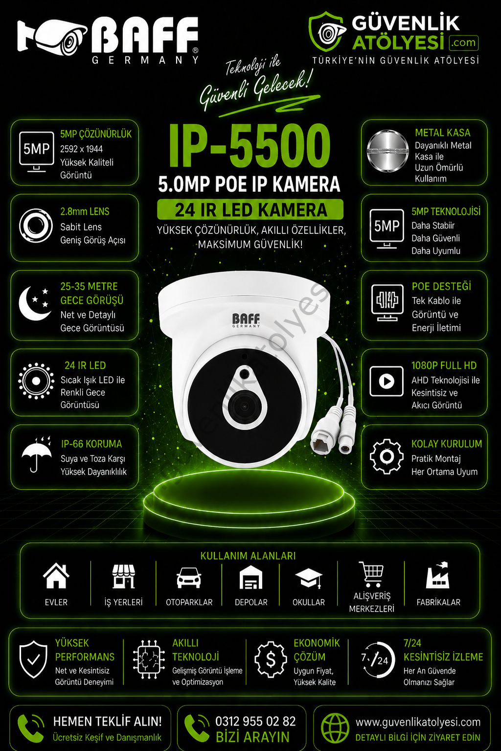 BAFF IP-5500 2.8mm 5.0MP 24 IR LED POE KAMERA