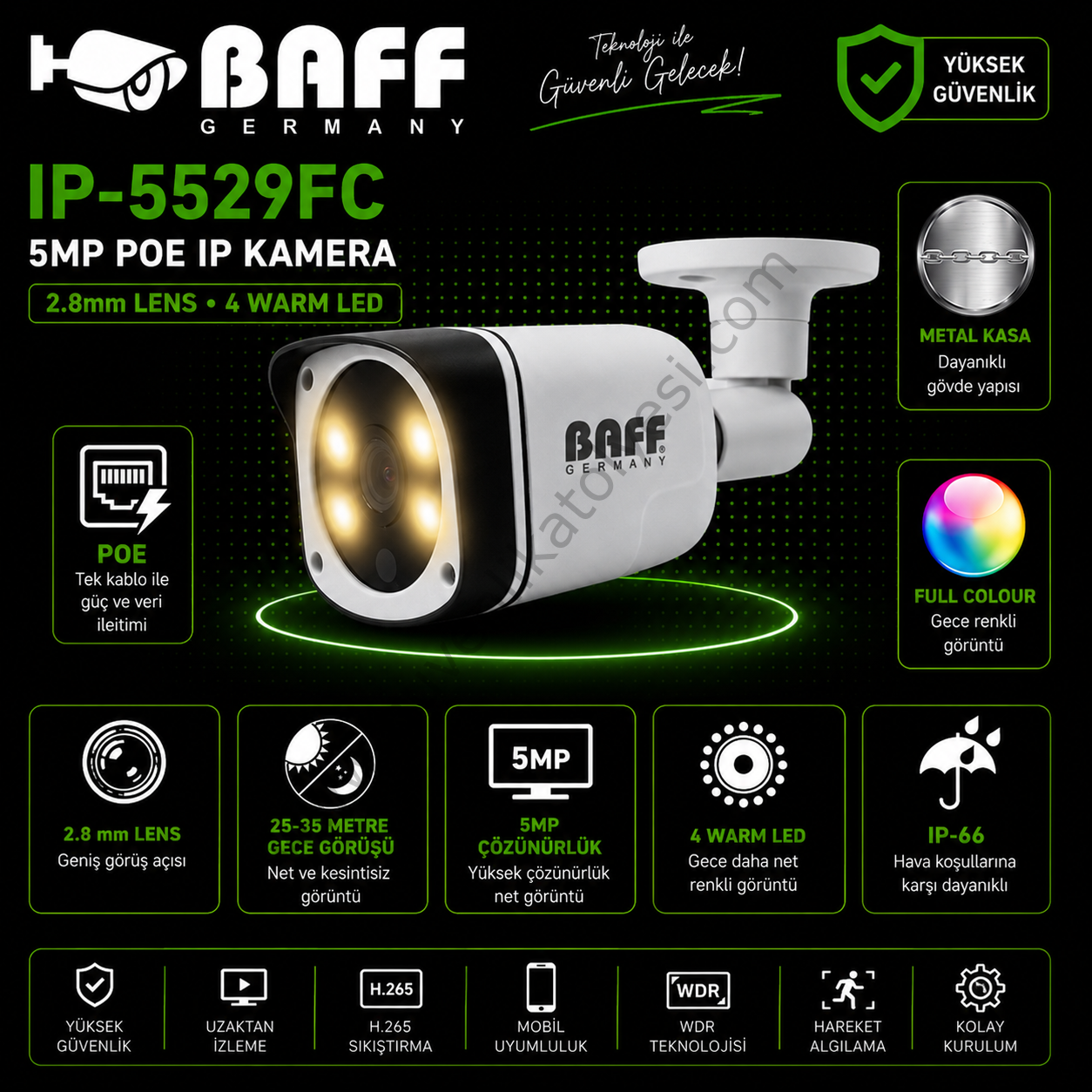 BAFF IP-5529FC 2.8mm 5MP 4 WARM LED POE KAMERA