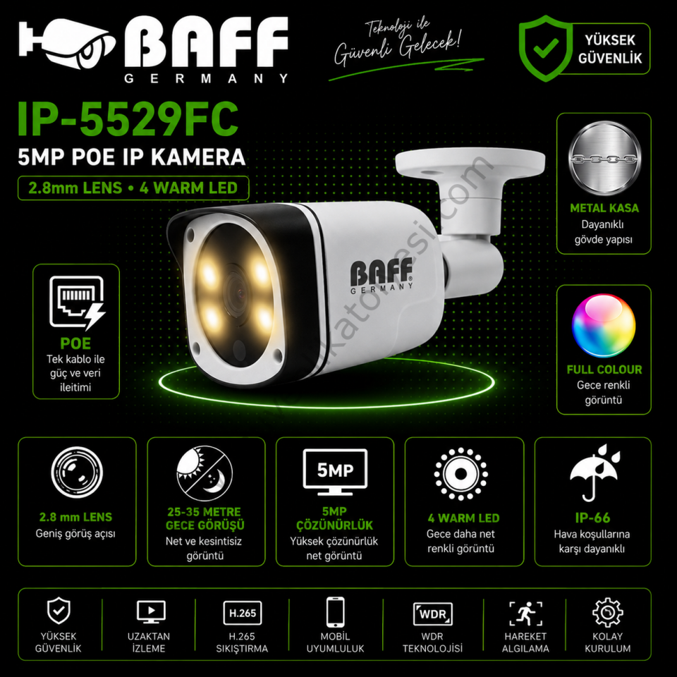 BAFF IP-5529FC 2.8mm 5MP 4 WARM LED POE KAMERA