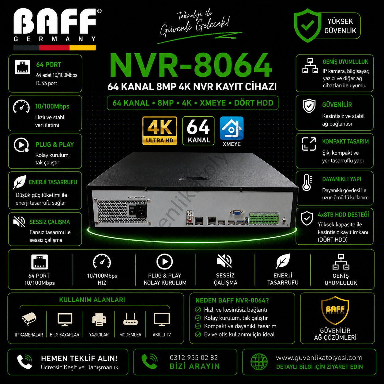BAFF NVR-8064 64CH 8MP 4K XMEYE (DÖRT HDD) KAMERA KAYIT CİHAZI