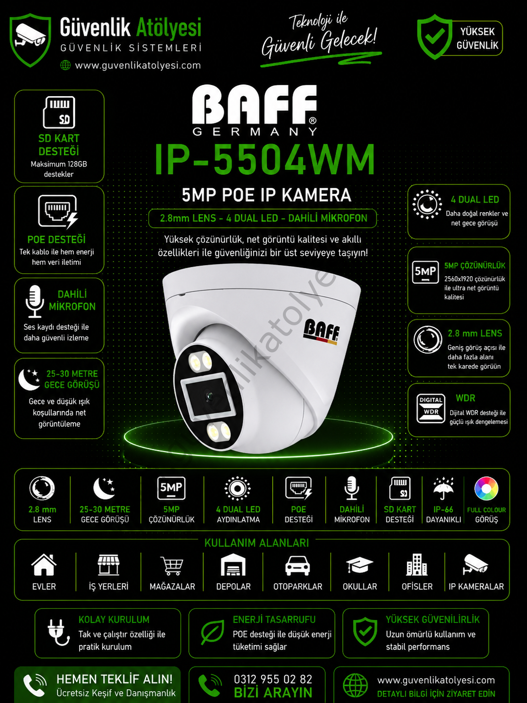 BAFF IP-5504WM 2.8mm 5MP 4 DUAL LED DAHİLİ MİKROFONLU KAMERA (2025 SERİSİ)
