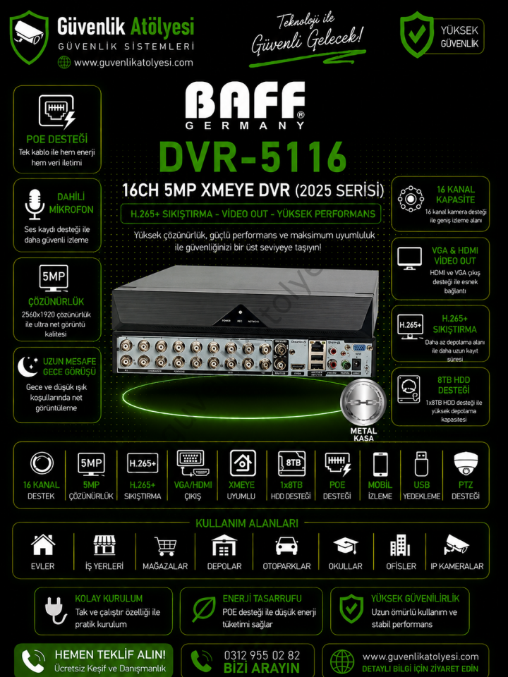 BAFF DVR-5116 16CH 5MP XMEYE H265 VİDEO OUT (2025 SERİSİ)