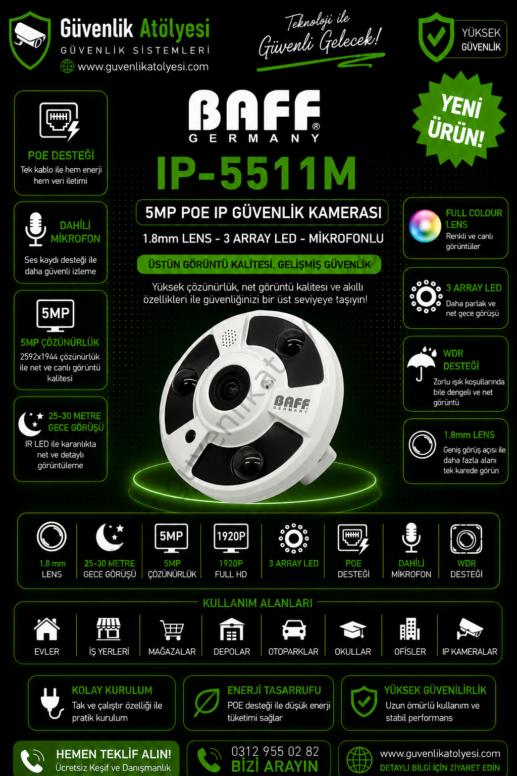 BAFF IP-5511M 1.8mm 5MP 3 ARRAY LED (MİKROFONLU)