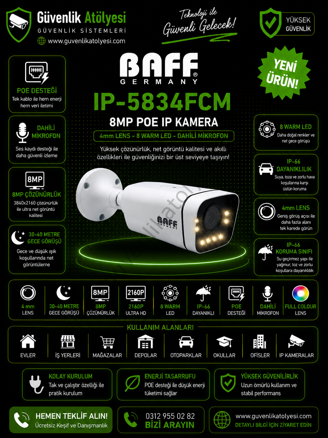BAFF IP-5834FCM 4mm 8MP 8 WARM LED POE  DAHİLİ MİKROFONLU KAMERA