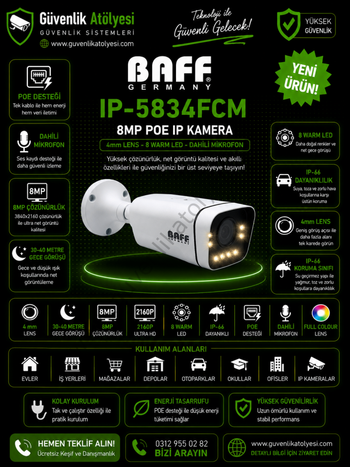 BAFF IP-5834FCM 4mm 8MP 8 WARM LED POE  DAHİLİ MİKROFONLU KAMERA