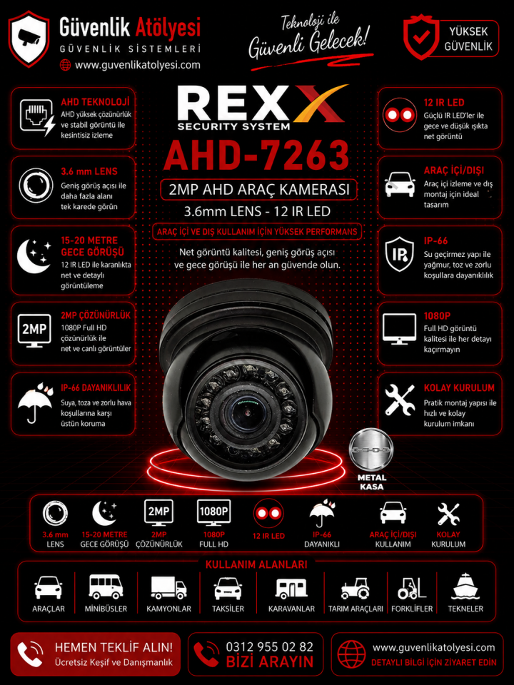 REX AHD-7263 3.6mm 2MP 12 IR LED METAL ARAÇ KAMERASI