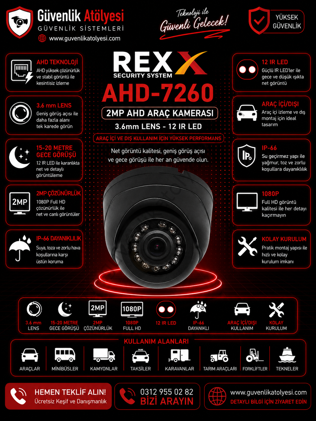 REX AHD-7260 3.6mm 2MP 12 IR LED ARAÇ KAMERASI
