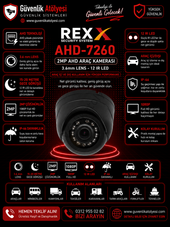 REX AHD-7260 3.6mm 2MP 12 IR LED ARAÇ KAMERASI