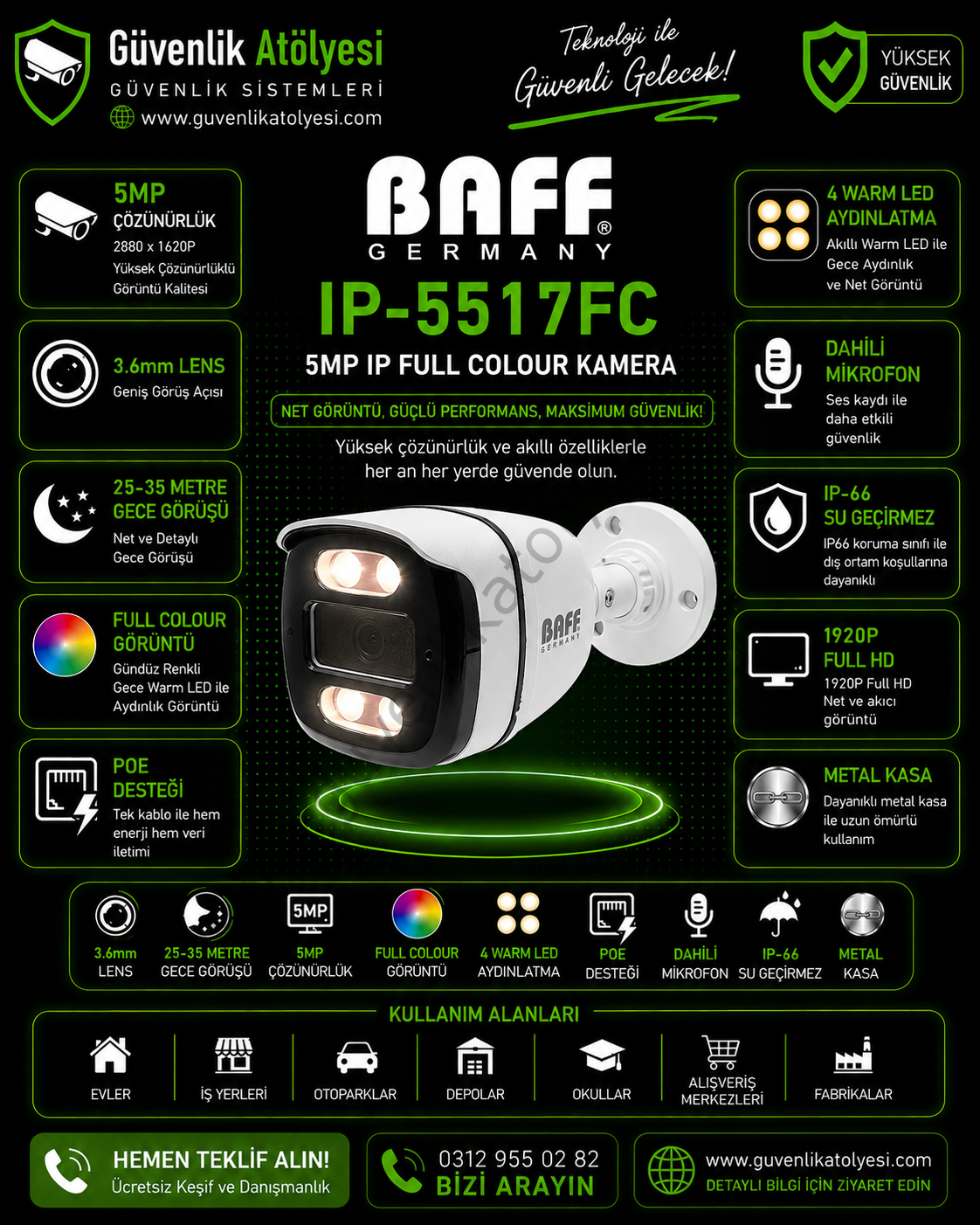 BAFF IP-5517FC 3.6mm 5MP 4 WARM LED POE FULL COLOUR KAMERA