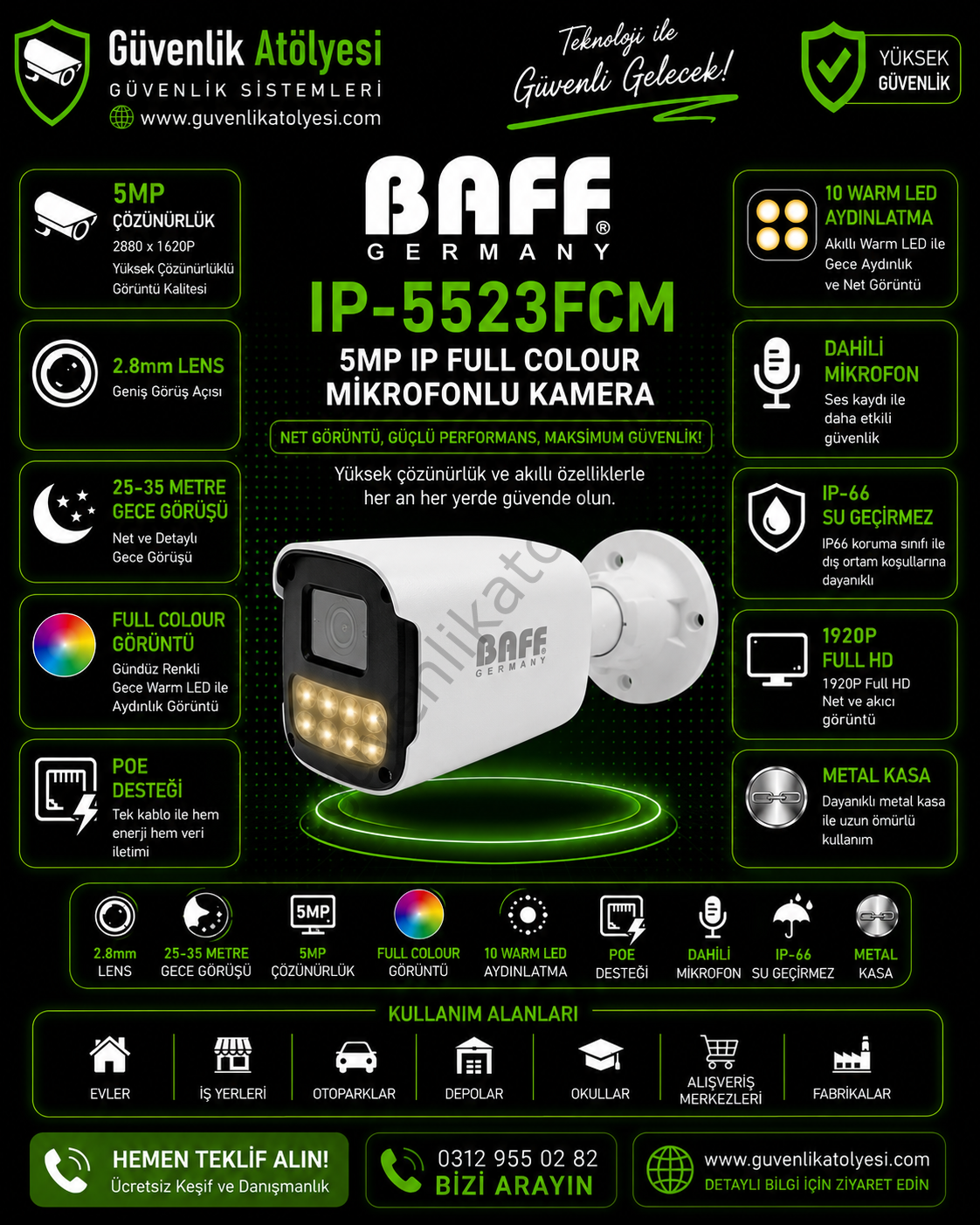 BAFF IP-5523FCM 2.8mm 5MP 10 WARM LED POE FULL COLOUR DAHİLİ MİKROFONLU KAMERA