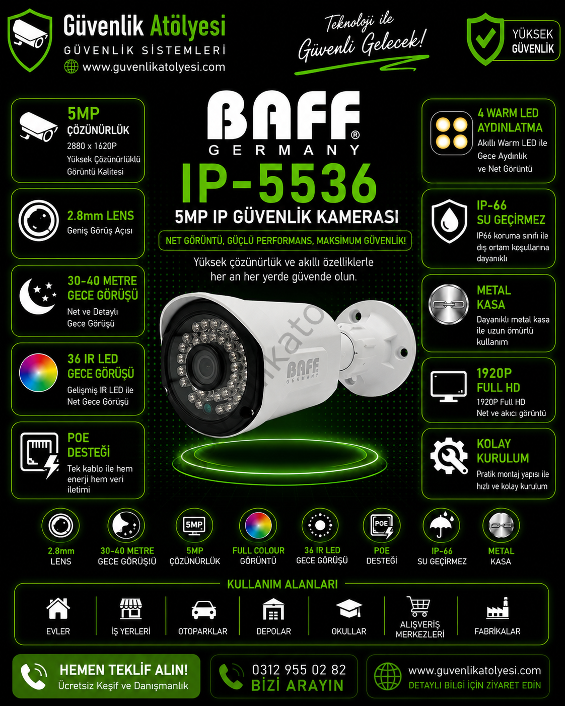 BAFF IP-5536 2.8mm 5MP 36 IR LED POE KAMERA