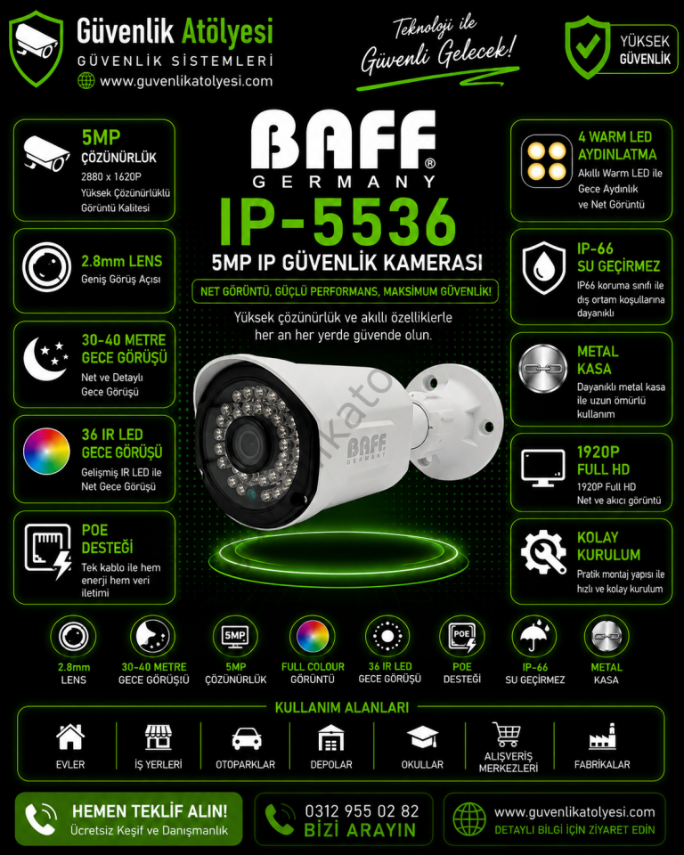 BAFF IP-5536 2.8mm 5MP 36 IR LED POE KAMERA