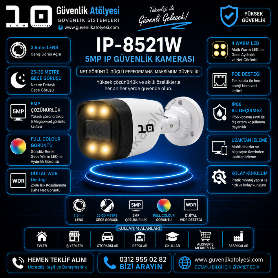 TEN IP-8521W 3.6mm 5MP 4 WARM LED POE KAMERA