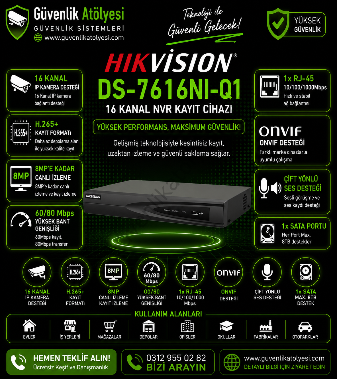 HIKVISION 16 KANAL NVR 4K (1 SATA) - DS-7616NI-Q1