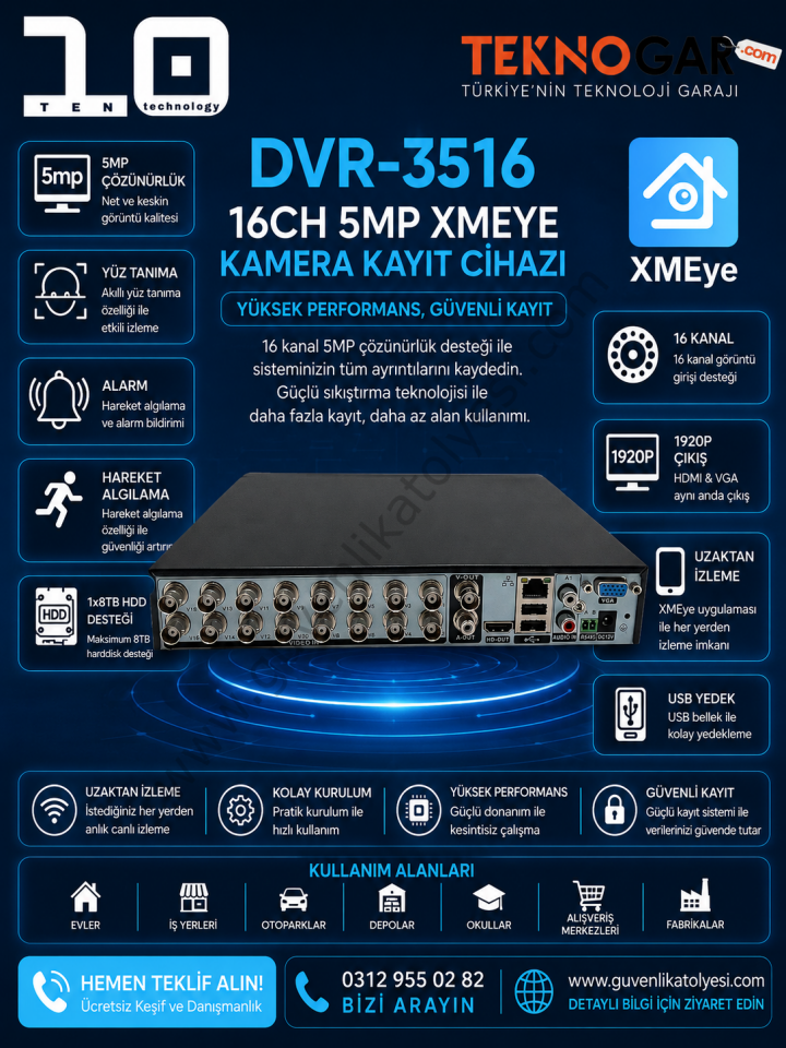 TEN DVR-3516 16CH 5MP XMEYE KAMERA KAYIT CİHAZI