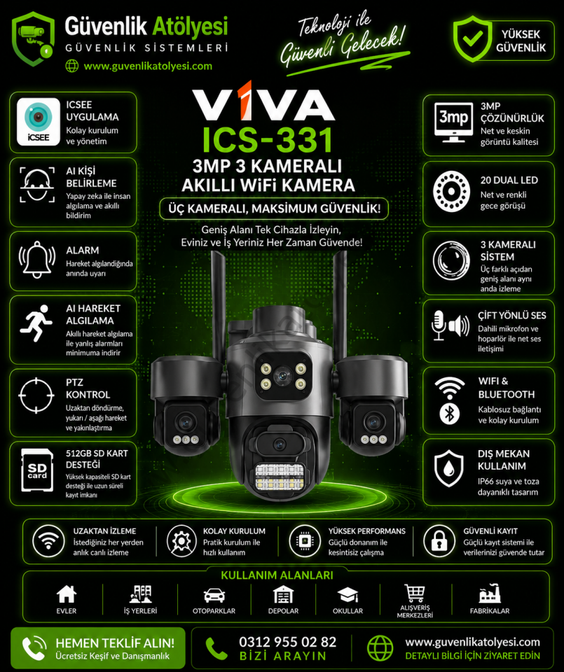 VİVA ICS-331 3MP 3 KAMERALI AKILLI KAMERA