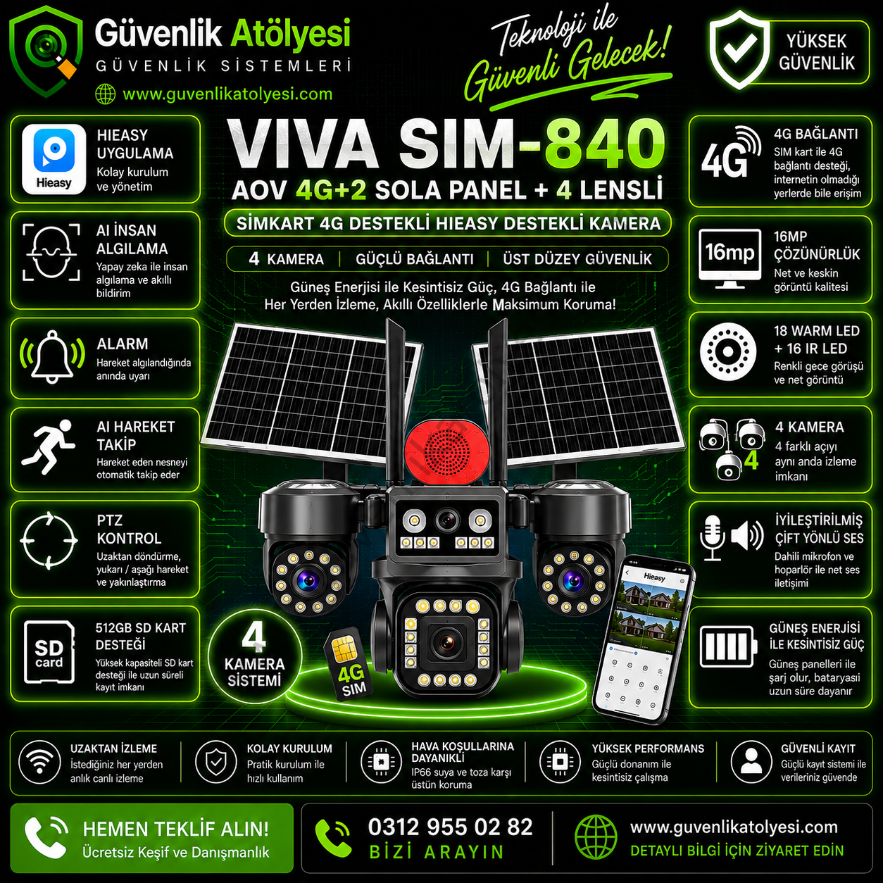 VIVA SIM-840 AOV 4G+2 SOLAR Panel Simkart ve  Hieasy Destekli 4'lü KAMERA