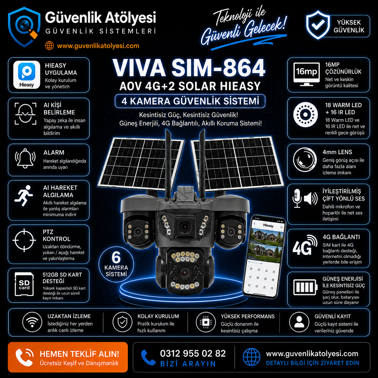 VIVA SIM-864 AOV 4G+2 SOLAR Hieasy 4 KAMERA TÜRKÇE