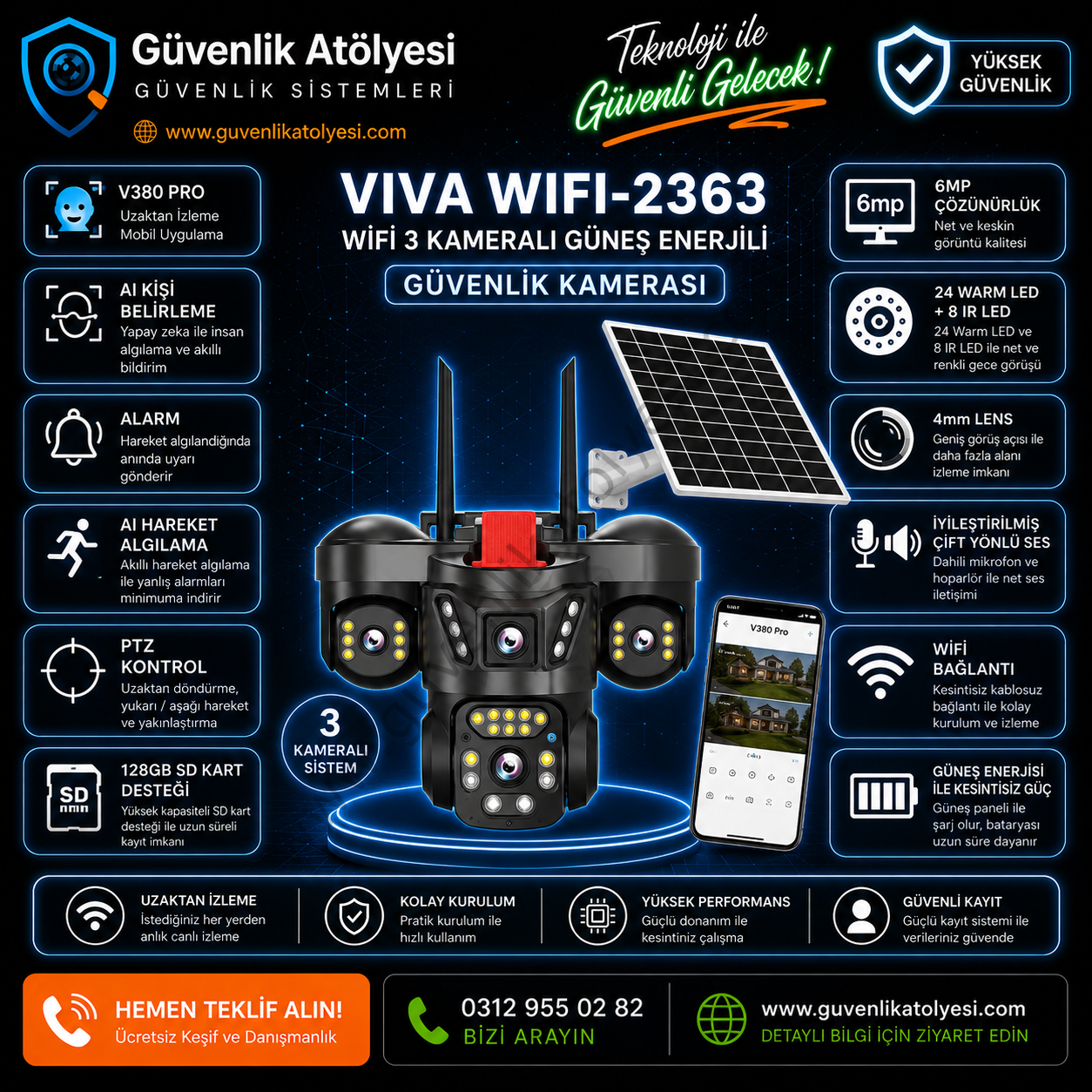 VIVA WIFI-2363 WİFİ 3 Kameralı Güneş Enerjili V380PRO