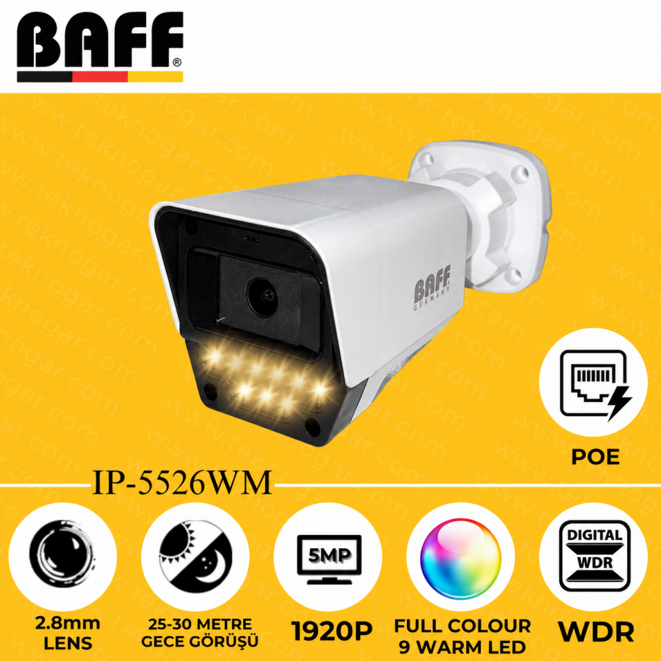 BAFF IP-5526WM 2.8mm 5MP 9 WARM LED POE Güvenlik Kamerası
