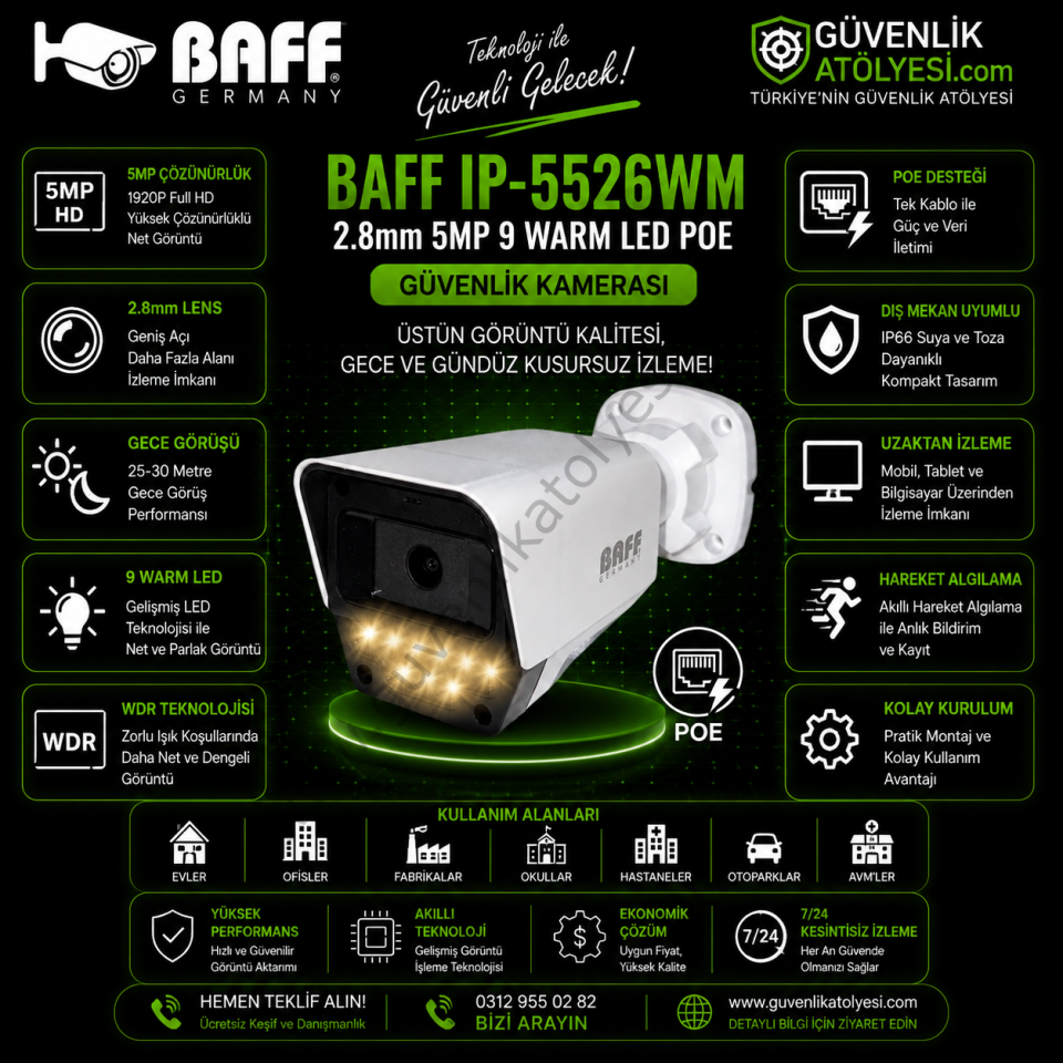 BAFF IP-5526WM 2.8mm 5MP 9 WARM LED POE Güvenlik Kamerası