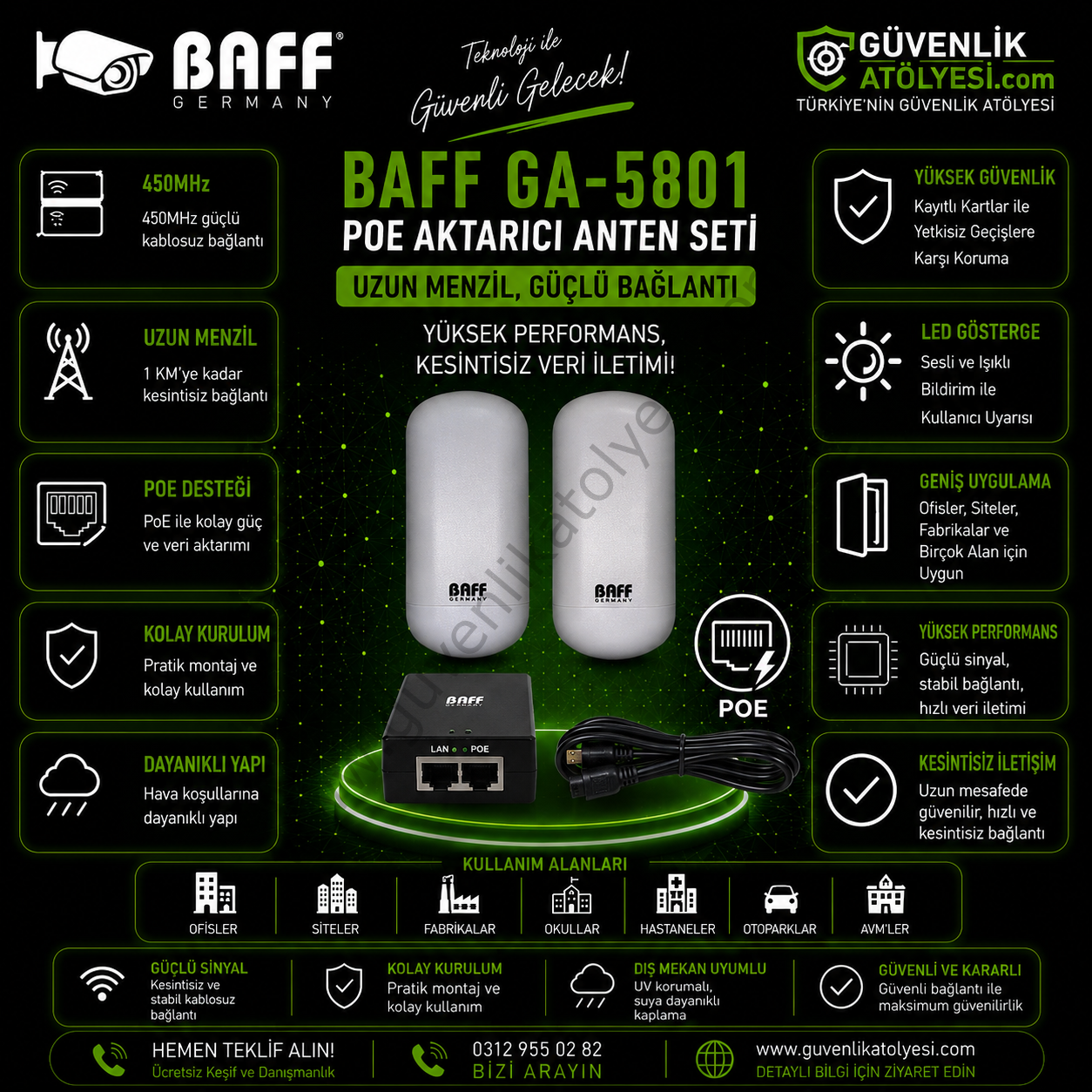BAFF GA-5801 POE AKTARICI ANTEN SETİ 1KM MENZİL