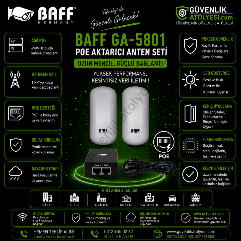 BAFF GA-5801 POE AKTARICI ANTEN SETİ 1KM MENZİL