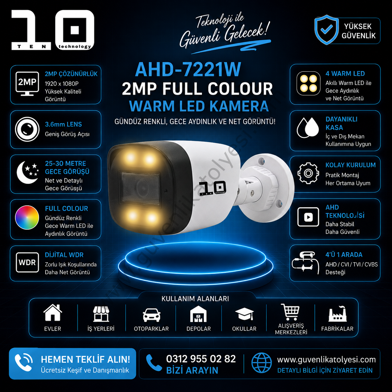 TEN10 AHD-7221W 3.6mm 2MP 4 WARM LED