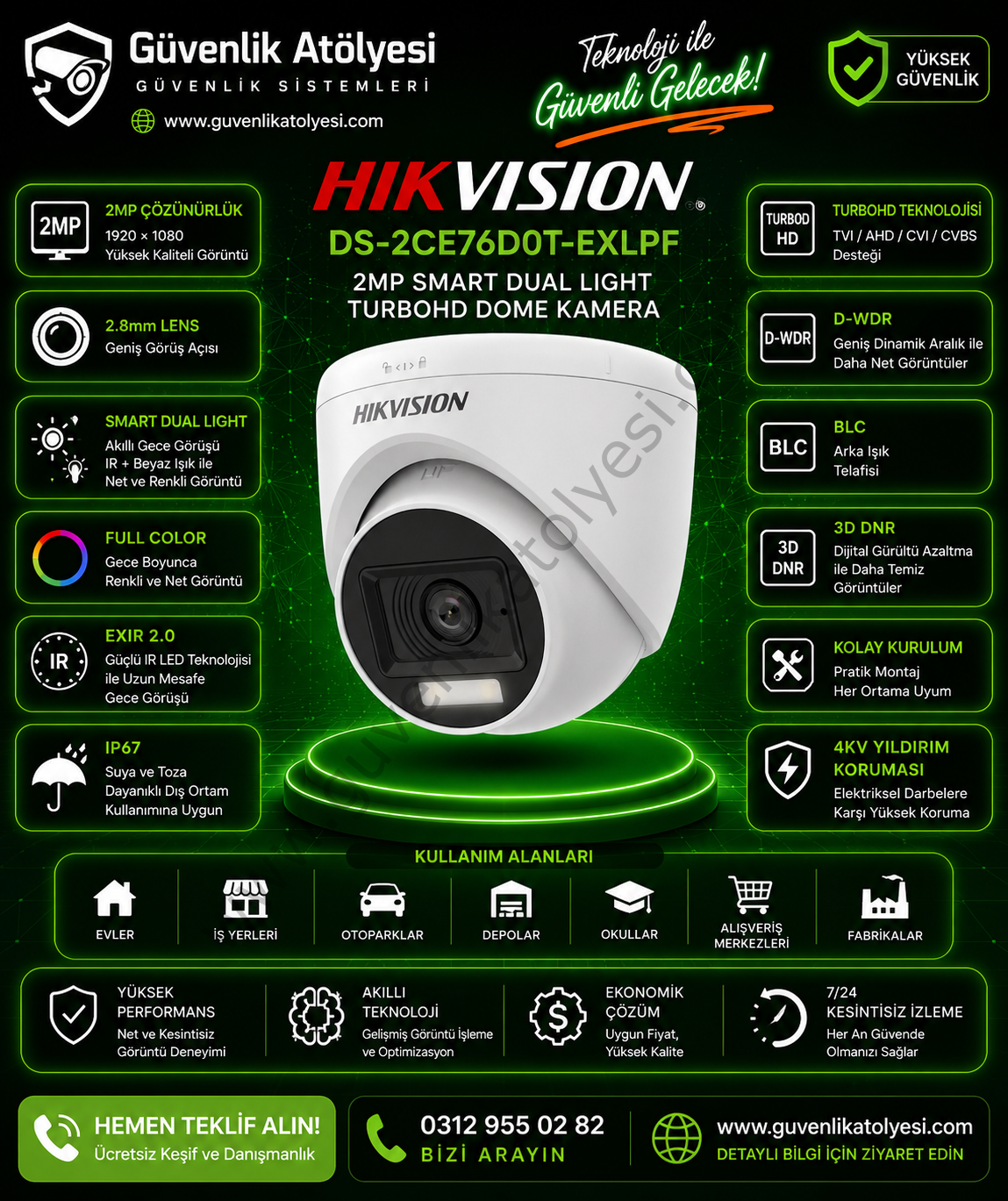 Hikvision DS-2CE76D0T-EXLPF 2MP 2.8MM Smart Dual Light Full Color Renkli TVI AHD Dome Kamera