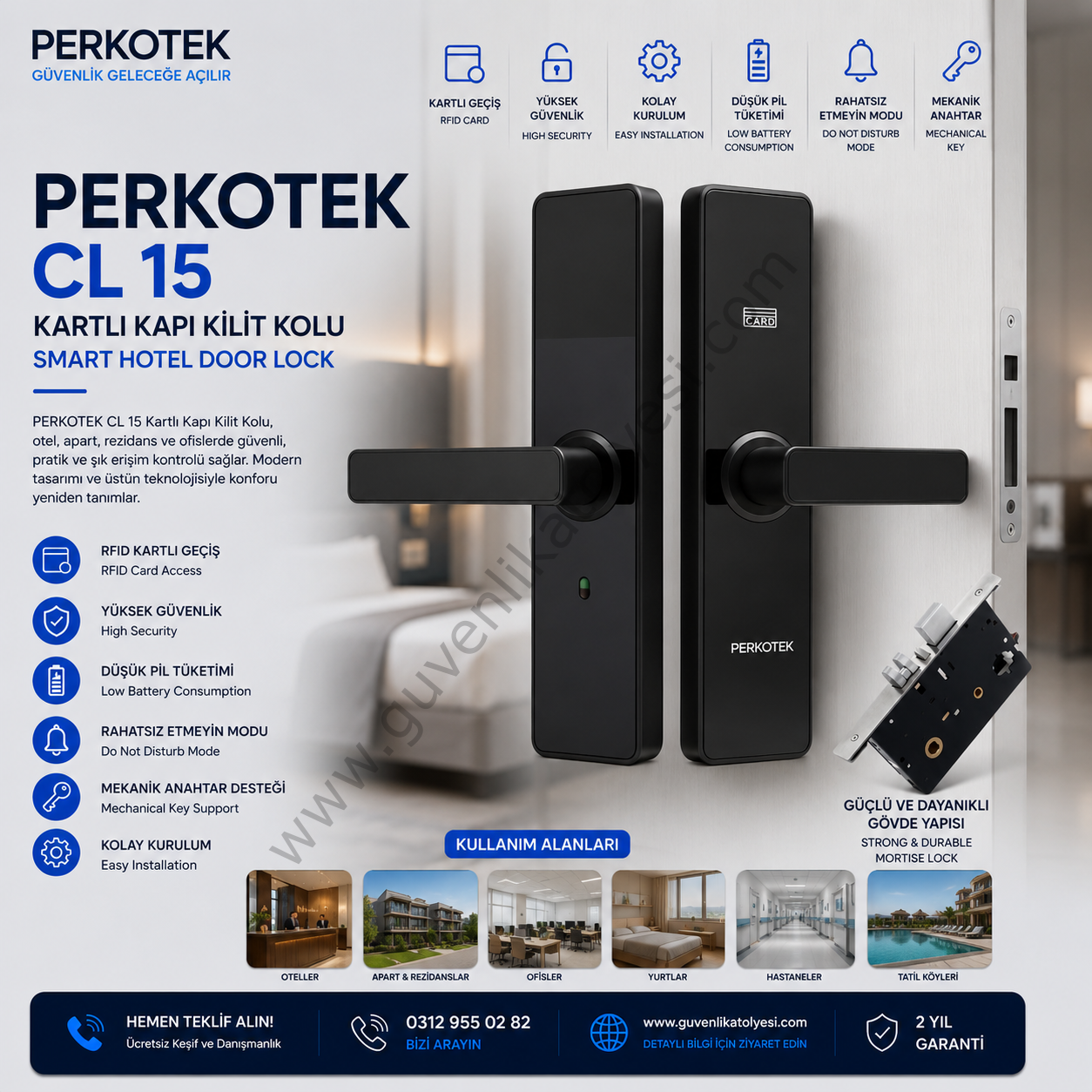 Perkotek CL 15 Kartlı Kapı Kilit Kolu