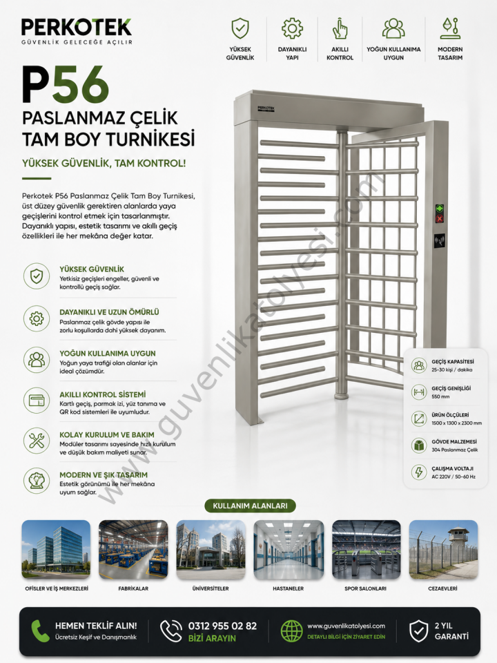 Perkotek P56 Paslanmaz Çelik Tam Boy Turnikesi