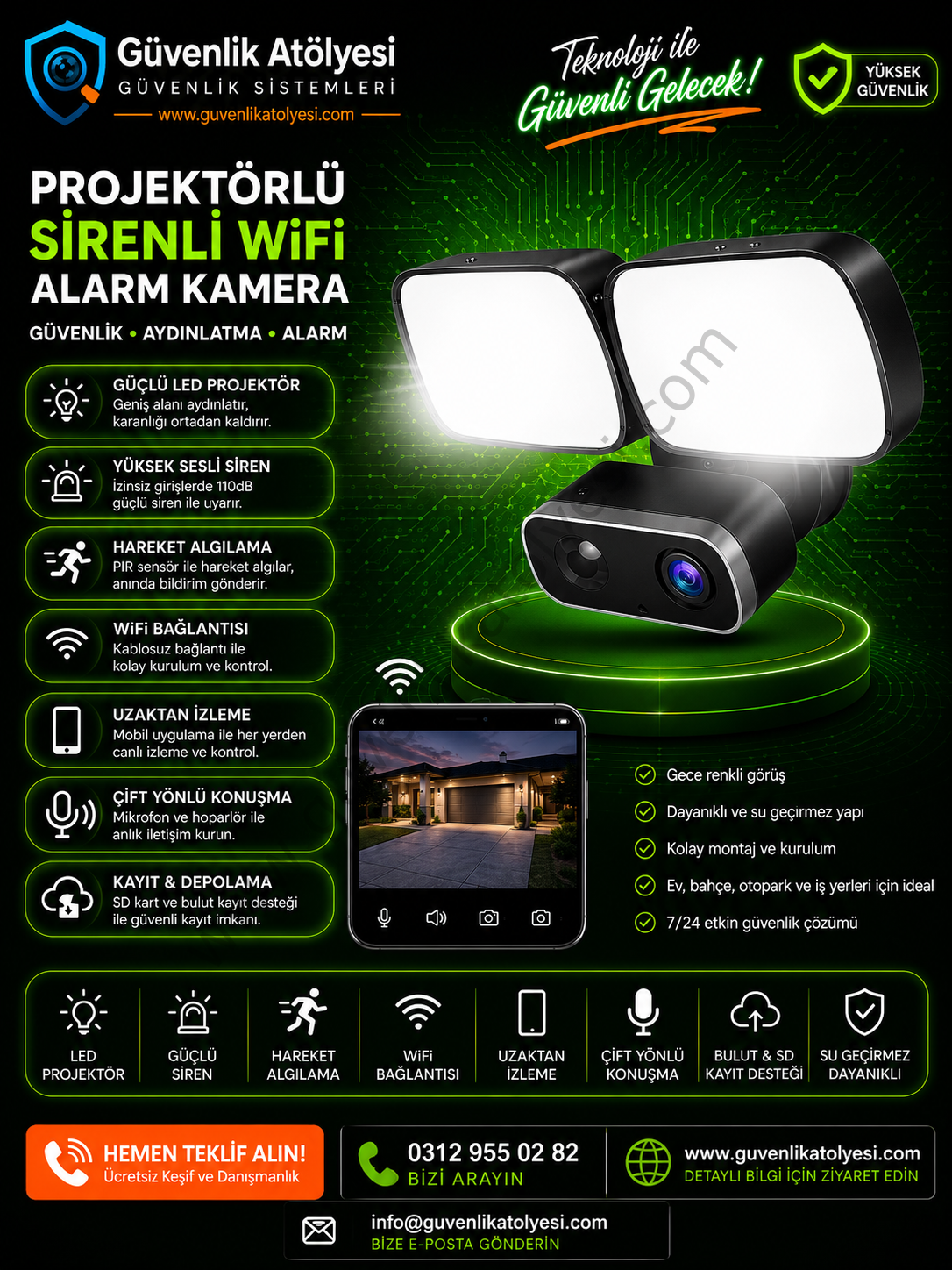 OPAX-90120 PROJEKTÖRLÜ WiFi KAMERA / ALARM / KARŞILIKLI KONUŞMA / HAREKET SENSÖRÜ / SD KART DESTEĞİ