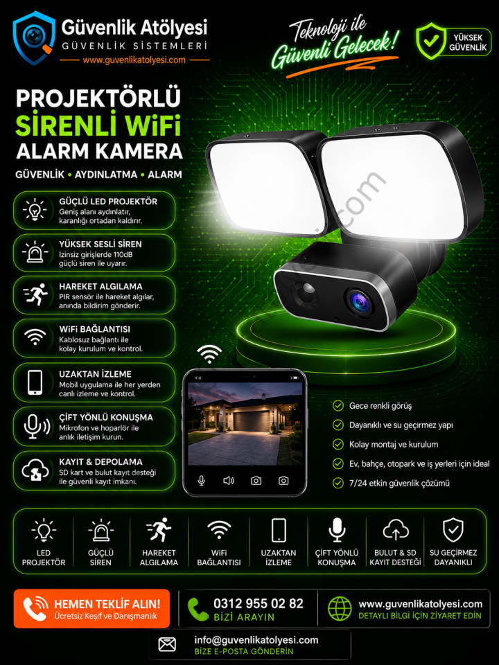 OPAX-90120 PROJEKTÖRLÜ WiFi KAMERA / ALARM / KARŞILIKLI KONUŞMA / HAREKET SENSÖRÜ / SD KART DESTEĞİ