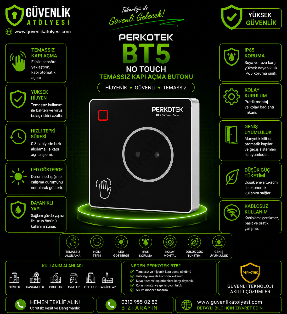 PERKOTEK BT5 No Touch Temassız Kapı Açma Butonu