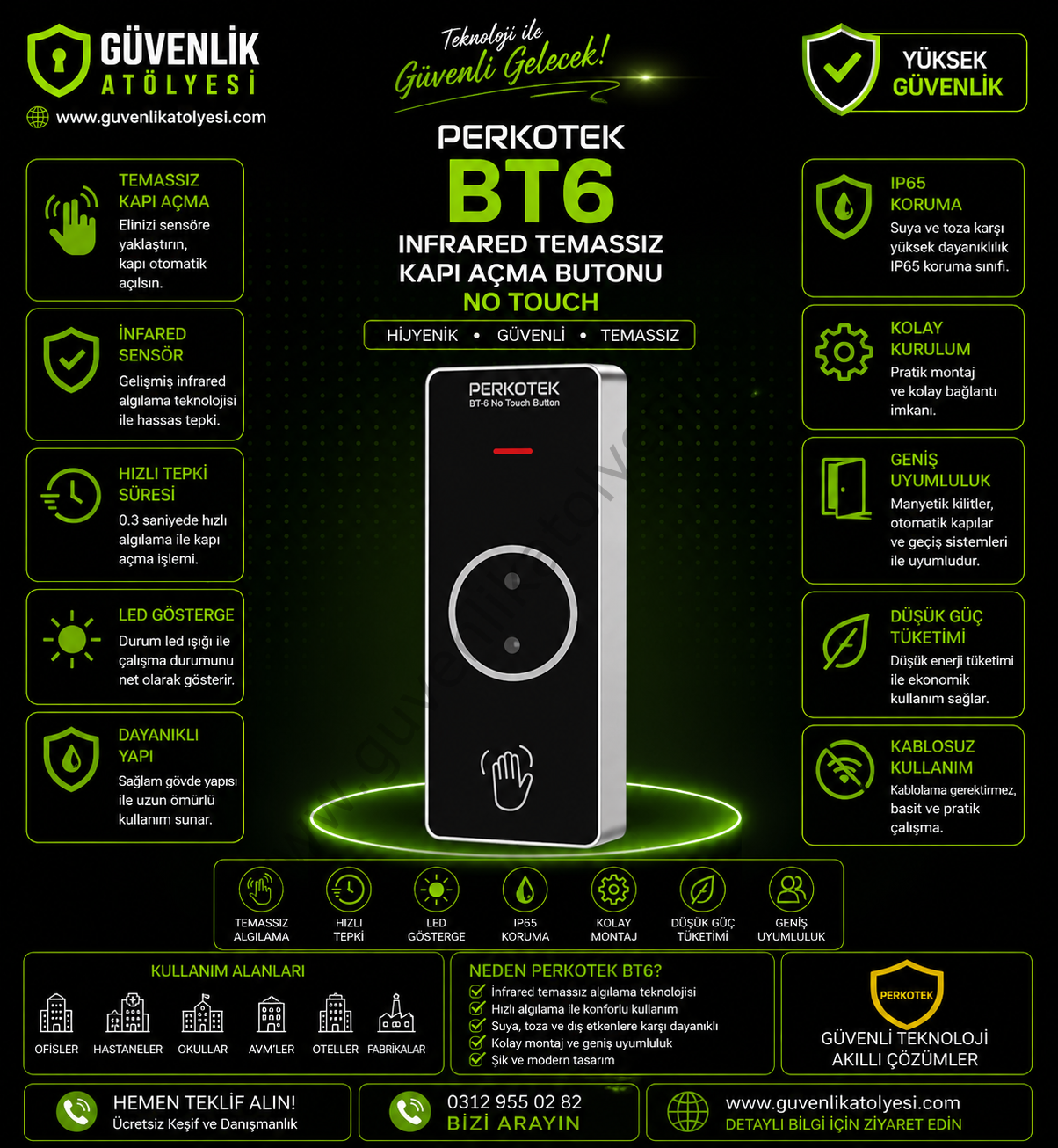 PERKOTEK BT6 İnfrared Temassız Kapı Açma Butonu NoTouch