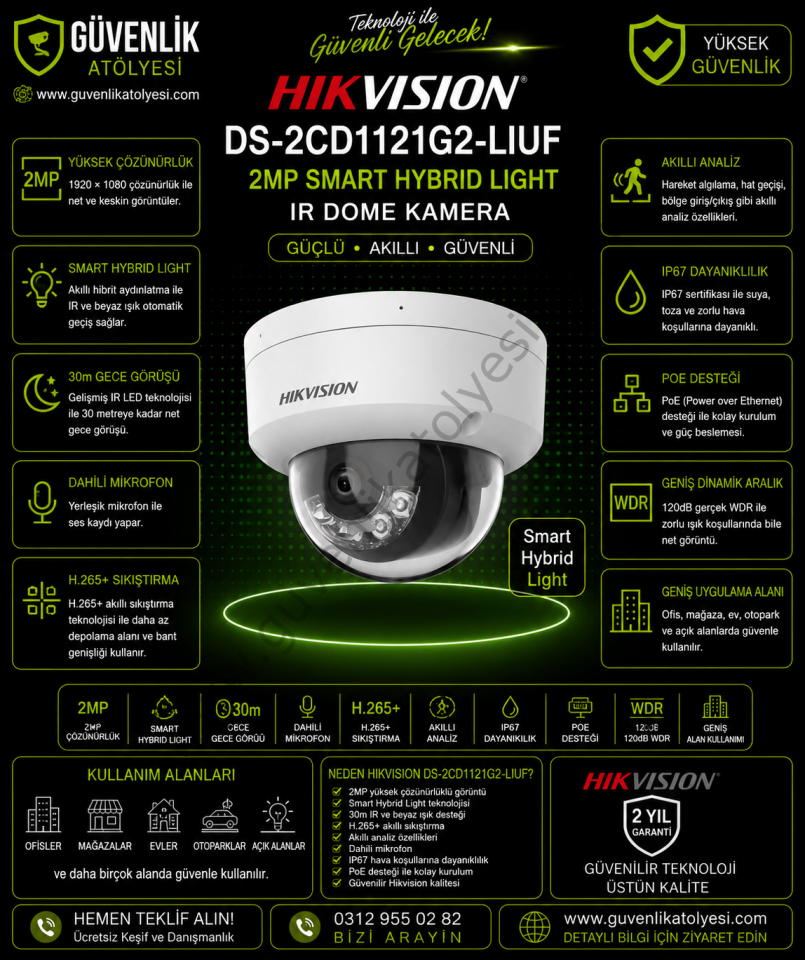 Hikvision DS-2CD1121G2-LIUF 2Mp 2.8mm Smart Hybrid Light Ir Dome Kamera