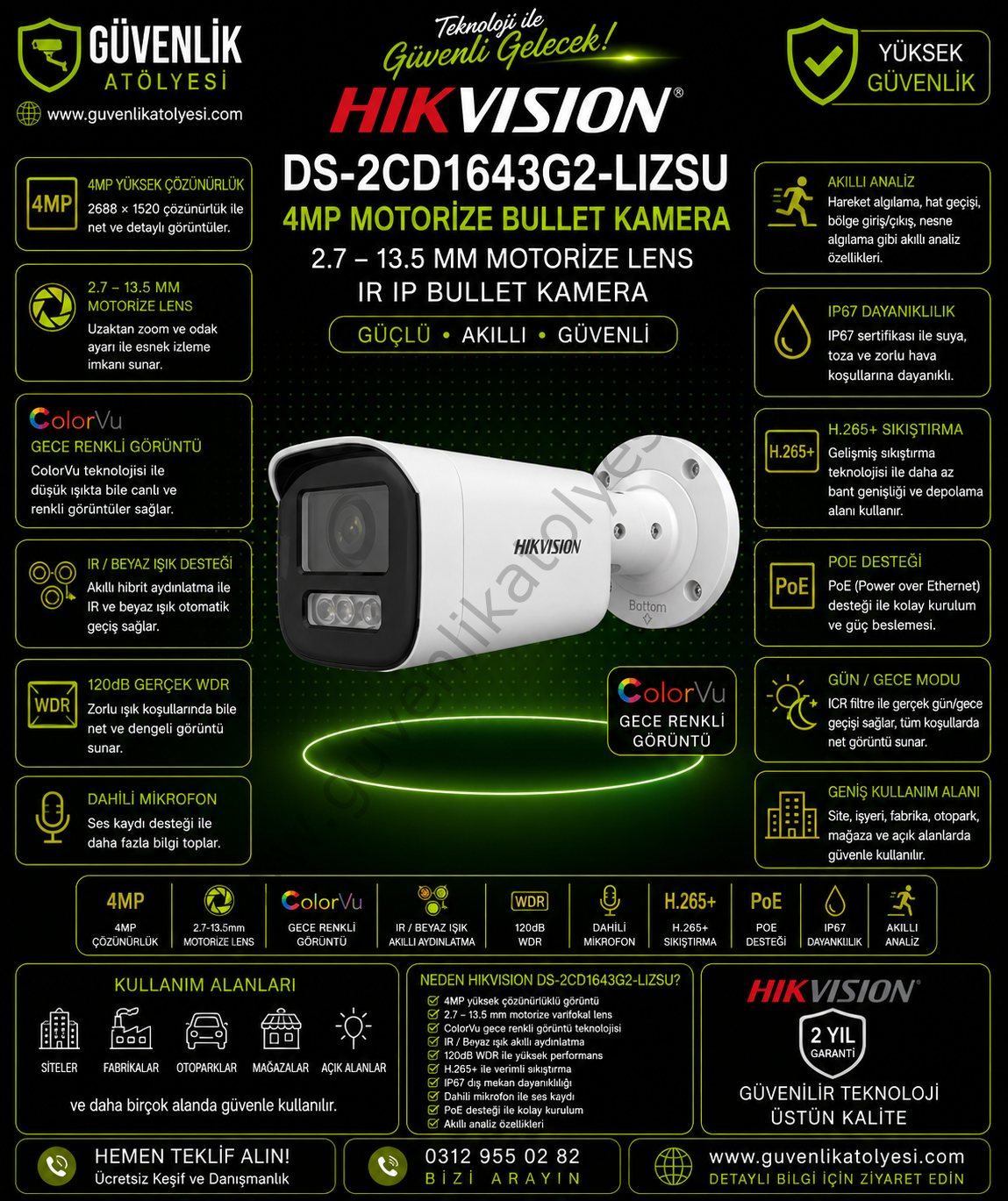 Hikvision DS-2CD1643G2-LIZSU 4 mp 2.7-13.5m Lens Motorize Ir Ip Bullet Kamera