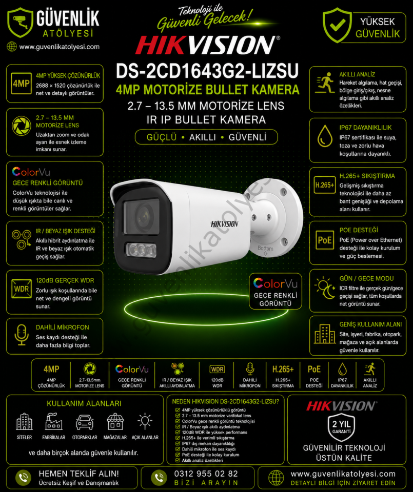 Hikvision DS-2CD1643G2-LIZSU 4 mp 2.7-13.5m Lens Motorize Ir Ip Bullet Kamera