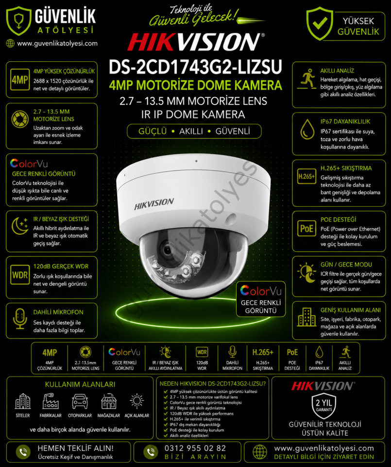Hikvision DS-2CD1743G2-LIZSU 4 mp 2.7-13,5m Lens Motorize Ir Ip Dome Kamera